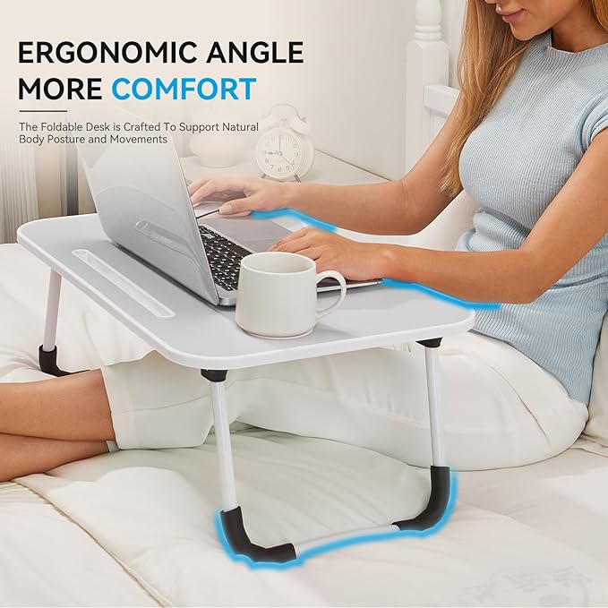 BUYIFY Folding Lap Desk, 23 Inch Portable Wood Grey Laptop Bed Desk Lap Desk with Cup Holder, for Working Reading Writing, Eating, Watching Movies for Bed Sofa Couch Floor