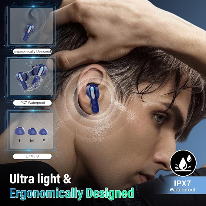 Wireless Earbuds, Bluetooth 5.4 Headphones with Multifunction Touch Screen, 48H Deep Bass Stereo Ear Buds, 5 EQ Modes, ANC/ENC Noise Cancelling, Transparency Mode, IPX7 Bluetooth Earbuds, Blue