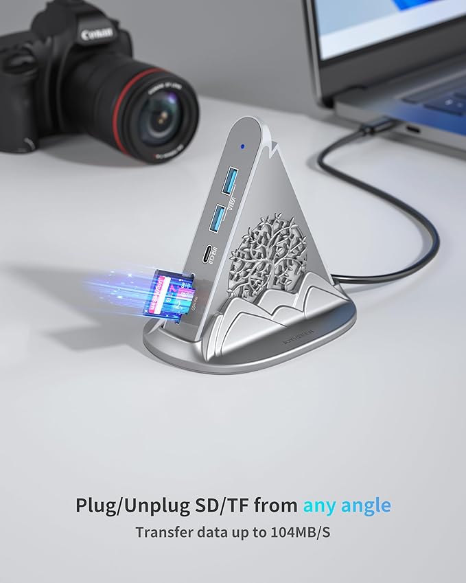 USB C Hub, 8-in-1 Vertical USBC to HDMI Tower Hub for MacBook, iPhone16, iMac, iPad, Surface, XPS, etc. (4K@30Hz HDMI Adapter, 5Gbps USB-Ax3 & USB-Cx1, SD/TF Card Reader, 100W PD, Silver)