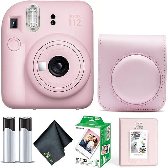 Fujifilm Instax Mini 12 Instant Camera Blossom Pink Bundle with Fuji Instax Mini Film Value Pack (20 Sheets) + Protective Carrying Case + Photo Album + Microfiber Cleaning Cloth
