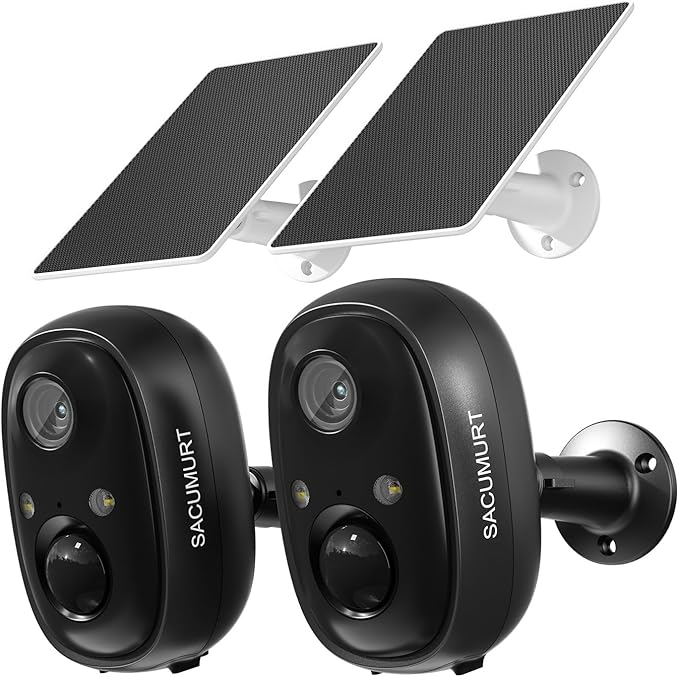Solar Security Cameras Wireless Outdoor, 2.4G WiFi Camera Outdoor Wireless, Cameras for Home Security with Motion Detection, 2K Color Night Vision, Works with Alexa, IP66 Waterproof, 2 Packs