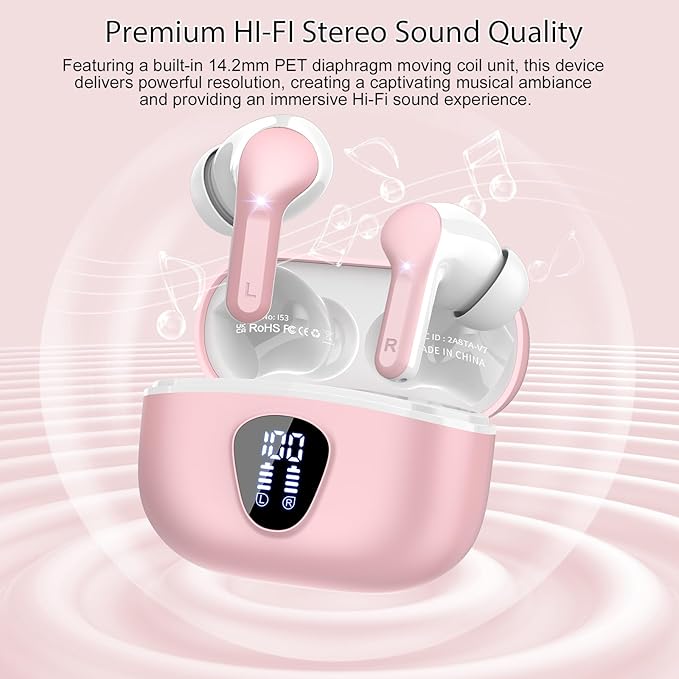 Wireless Earbuds, Bluetooth 5.4 Headphones HiFi Stereo, Bluetooth Earbuds with ENC Noise Cancelling Mic, IP7 Waterproof in Ear Earphones, 48H, LED Display Ear Buds for Pad Phones Workout Sports, Pink