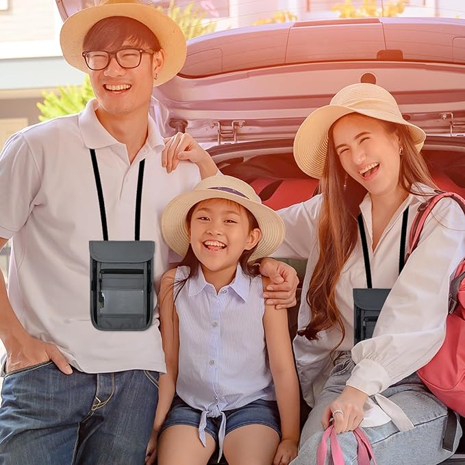 sundee Travel Neck Wallet with Double Zippers, RFID Blocking Passport Holder with Adjustable Neck Strap for Men and Women to Keep Cash, Credit Cards and Travel Documents Safe - Light Gray