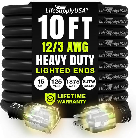 10ft Outdoor/Indoor Extension Cord 12/3 Gauge Extra Heavy Duty 3 Prong SJTW, Waterproof, Flexible Cold-Resistant Long Power Cord,15A 125V 1875W, Black by LifeSupplyUSA
