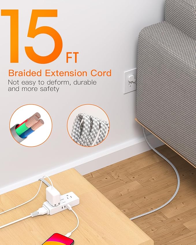 Extension Cord 15 ft, BESHON Flat Plug Power Strip, Long Power Strip, 4 Widely Outlets with 3 USB Ports (2 USB C), Extension Cord with Multiple Outlets for Home, Office, Dorm Room Essentials
