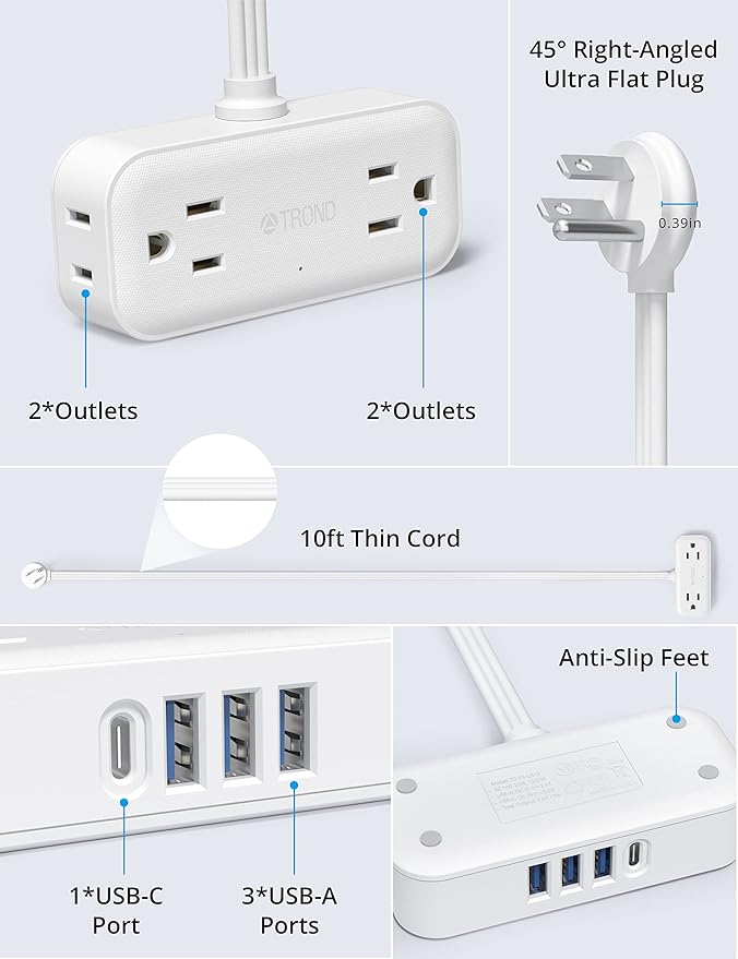 TROND Travel Power Strip with USB Ports, 10ft Flat Plug Extension Cord with Multiple Outlets, Small Wall Mount Extender Adapter for Office Dorm Room Essentials, White