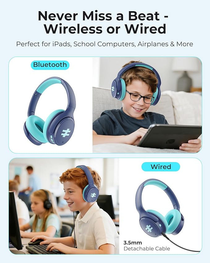 seenda Kids Wireless Active Noise Cancelling Headphones, 60H Playtime, Safe Volume (74/85/94dB), Bluetooth 5.4, Type-C Foldable Headphones with Mic for School, iPad, Airplane, Travel, Blue