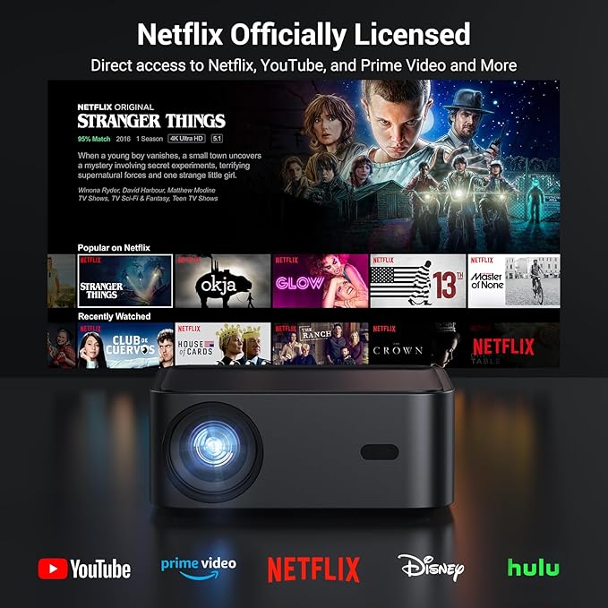 Official Licensed Netflix 1500 ANSI Smart Projector, HAPPRUN 4K Projector with Wifi and Bluetooth, DoIby Audio,Native1080P,Built-in Apps, ,Electric Focus,Movie Projector for Home Cinema,Outdoor,Indoor