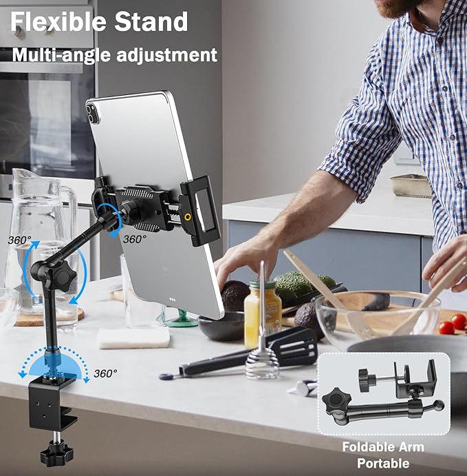Desk Kitchen Tablet Holder [Suitable for Tabletop & Cabinet] Adjustable Metal Arm Cupboard Tablet Mount Stand for iPad Pro 12.9 Air Mini, Galaxy Tab Ultra, Switch, 6-14.6" Devices