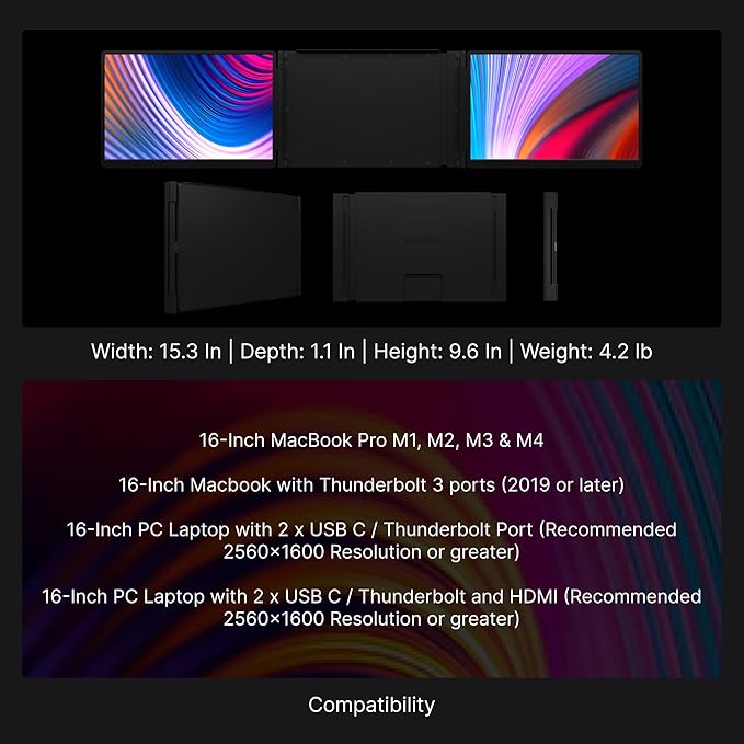 16" Pro Triple Laptop Screen Extender, Dual 16" 2k Portable Monitors, 144Hz, 100% DCI-P3, Compatible with 16" MacBook Pro M1, M2, M3, M4 & Windows Laptops, for Gaming, Creators, & Professional