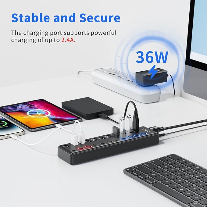 Powered USB Hub, JESWO 11-Port USB 3.0 Hub (7 Data Transfer Ports + 4 Smart Charging Ports) with Individual LED On/Off Switches, USB Hub Powered with 12V/3A Power Adapter for Mac, PC