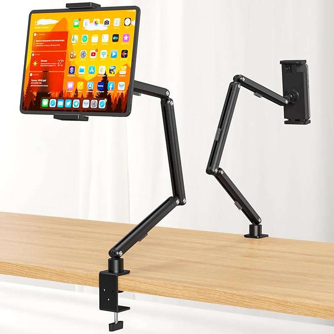 Tablet Stand Holder, Adjustable Foldable iPad Desk Mount Arm with 360°Rotate Base, Tablet Holder with Clamp iPad Stand for Desk, Compatible with Tablets, Phones or Other 4.7-15.6" Device