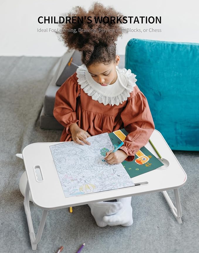 Laptop Bed Desk, Foldable Lap Table, Portable Study Table, Laptop Stand with Cup Holder & Tablet Slot & Lifting Handle for Working Writing Drawing & Eating - White