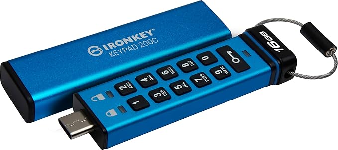 Kingston Ironkey Keypad 200 USB-C 16GB Encrypted Flash Drive | OS Independent | FIPS 140-3 Level 3 | XTS-AES 256-bit | BadUSB and Brute Force Protection | Multi-Pin Option | IKKP200C/16GB