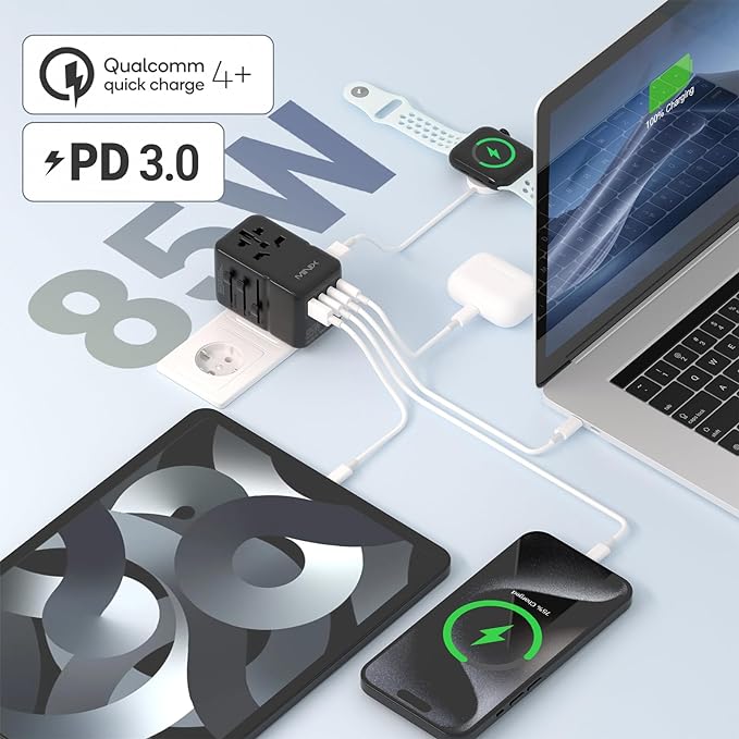 MINIX 85W Universal Travel Adapter, GaN III International Power Adapter, 3 USB-C 2 USB-A Ports, AC Outlet, Worldwide US/UK/EU/AU Travel Charger for Laptops Tablets Phones and More