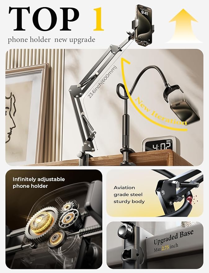 LISEN Gooseneck Phone Holder for Desk Bed [3rd Upgrade] Cell Phone Stand for Desk,Tech Lovers Mount for Recording Fit iPhone 17 16 Filming Camera Laying Down,Bed Accessories Flexible Arm Clamp Clip