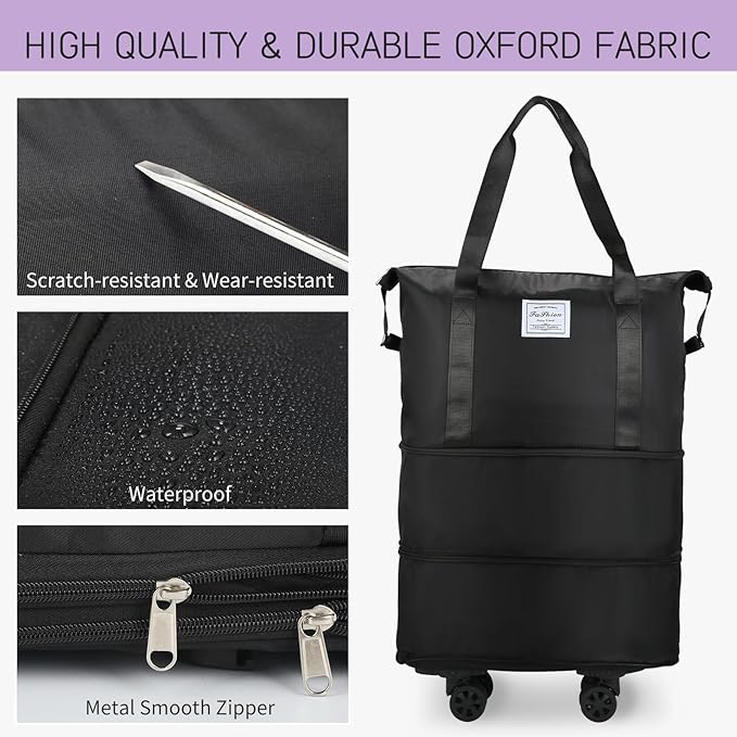 VOOWO Rolling Duffle Bag with Wheels, Expandable Foldable Duffle Bag for Travel, Rolling Under Seat Luggage Carry on Duffel Bags, Wheeled Travel Duffel Weekend Bags, Capacity 18L to 40L (Black)