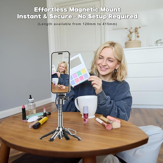 Magnetic Tripod for Phone with Remote Control, Extendable Selfie Stick Handle Grip Pocket Size, 4-in-1 Mini Phone Grip, 10m Wireless Shutter for iPhone Android Phones （Black）