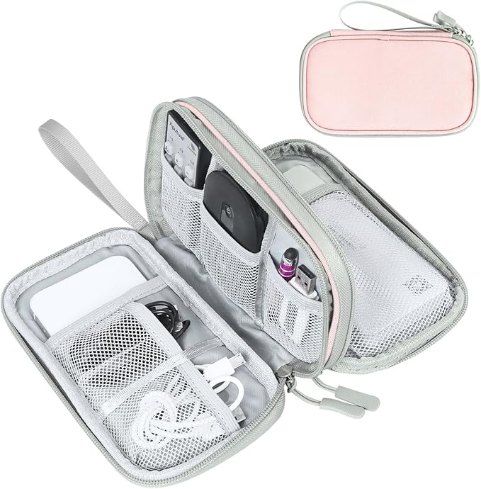 FYY Electronic Organizer, Travel Cable Organizer Bag Pouch Electronic Accessories Carry Case Portable Waterproof Double Layers Storage Bag for Cable, Cord, Phone, Earphone, Large Size, Light Pink