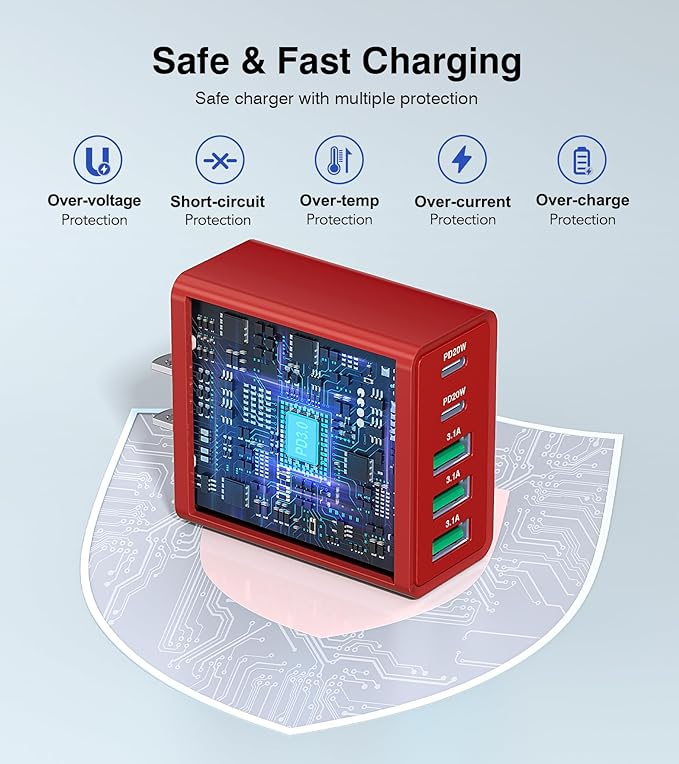 USB C Wall Charger Block, 2Pack 50W USB C Charger 5-Port PD Fast Charging Blocks,QC 3.0 USB A Multiport Plug,Type C Power Adapter Brick Cube for iPhone 17/16/15/14/13/Pro,Samsung,for Switch/Pixel（Red）