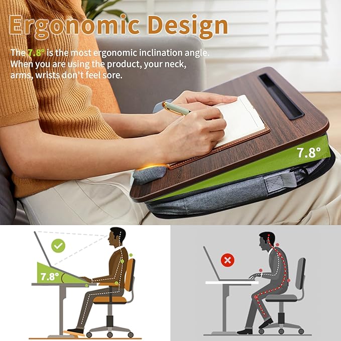 Lap Desk for Laptop Stand with Cushion, Adults with Storage Fits Up to 15.6in, Combines Features Bag and Pillow Table by Travel, Portable Workstation for Home College Office (Walnut Color)