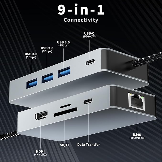 USB C Hub, 9 in 1 USB C to 4K@60HZ HDMI Multiport Adapter, RJ45 Gigabit Ethernet, 3 USB 3.0 Ports, SD/TF Card Reader, PD 100W, Desigend for MacBook Pro Air HP XPS and Other Type C Devices