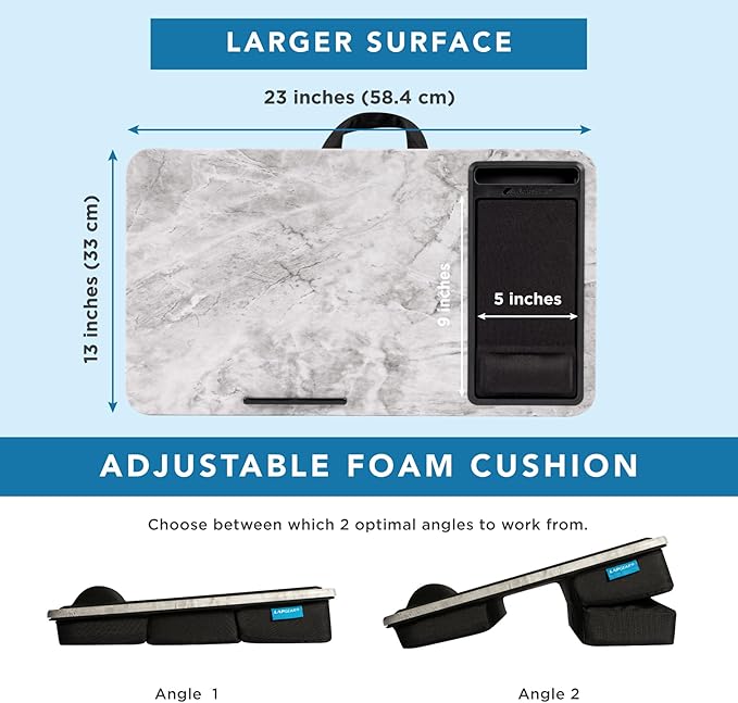 LAPGEAR Extra Large Adjustable Lap Desk with Gel Wrist Rest, Mouse Pad, Phone Holder, Device Ledge, and Booster Cushion - White Marble - Fits up to 17.3 Inch Laptops - Style No. 88101