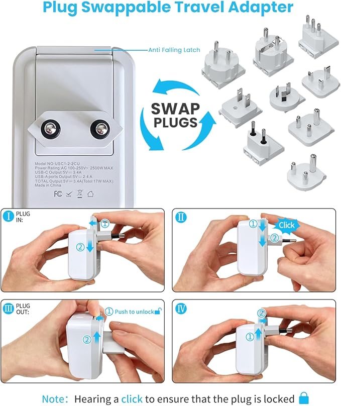 VINTAR Universal Travel Adapter Kit, International Power Adapter with 3 USB Ports (2 USB C, 3.4A) and 2 AC, Type A,C,D,E/F,G,H,I,L,M Detachable Attachments, Adapter for India/Africa/EU/UK//AU/JP/US