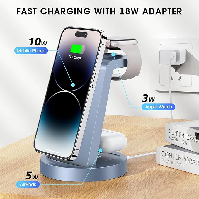 3 in 1 Charging Station for iPhone, Wireless Charger for iPhone 17 16e 16 15 14 13 12 11 X Pro Max & Apple Watch - Charging Stand Dock for AirPods (Blue)