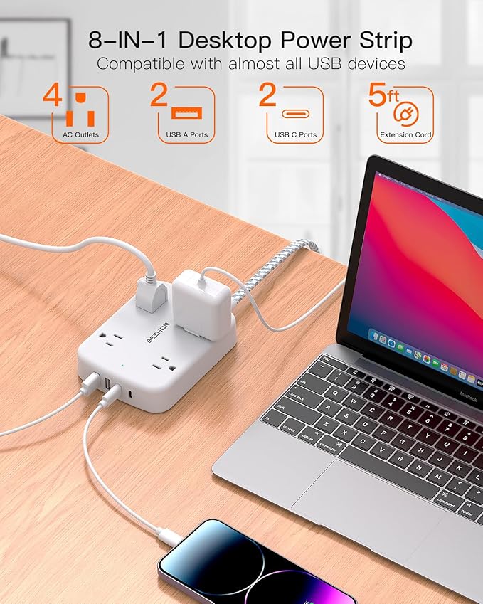 Surge Protector Power Strip with 2 USB C - BESHON 5 Ft Flat Extension Cord Flat Plug Power Strip, 4 Widely Outlets and 4 USB Charging Ports, Outlet Extender, 900 Joules, for Home Dorm Room Essentials