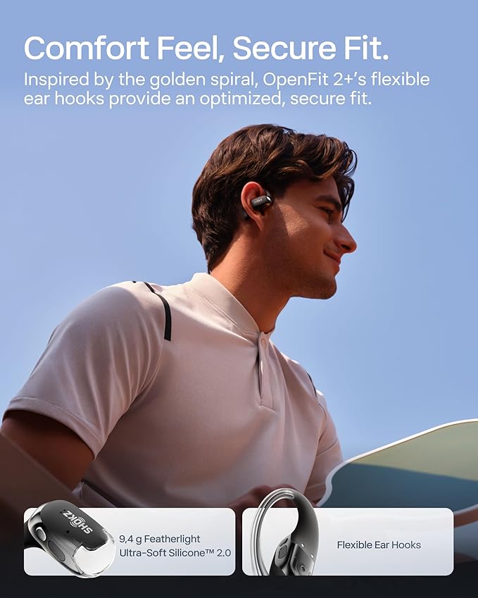 SHOKZ New OpenFit 2+ Open-Ear Headphones,Dolby Audio Enabled,Comfortable Earbuds with Soft Ear Hooks,48H Playtime,IP55 Water-Resistant,USB-C Fast Charging,Wireless Charging - Amazon Exclusive Purple