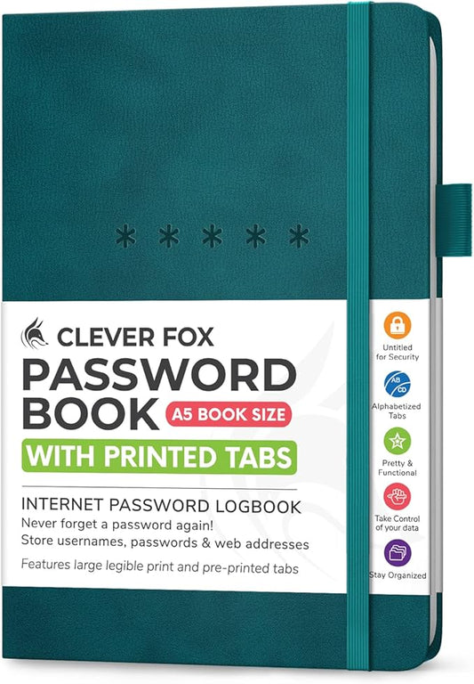 Clever Fox Password Book Medium – Internet Address & Password Journal Organizer – Computer & Website Log-In Keeper Notebook (Dark Teal)