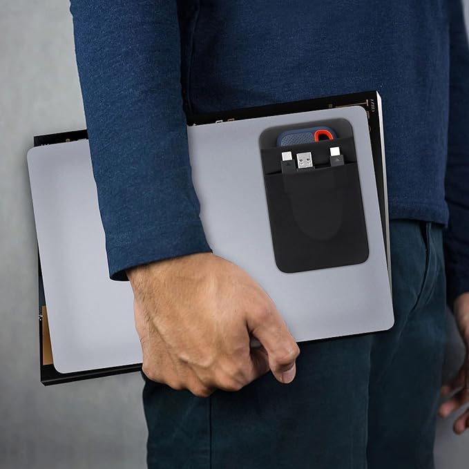 Lacdo Portable Hard Drive Sleeve for Laptop, 2-Pocket Stick on Pouch with Reusable Adhesive, for San Disk, Samsung, Crucial External Solid State Drive SSD Hard Drive Carrying Case Organizer, Black