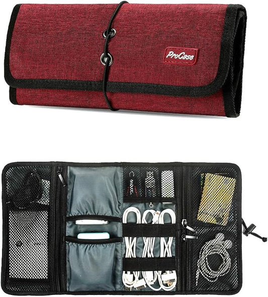 ProCase Electronic Organizer Cord Pouch, Travel Cable Charger Phone Accessories Bag Organizer Roll up Tech Carrying Case for USB Cables SD Memory Cards Earphone Flash Hard Drive -Red