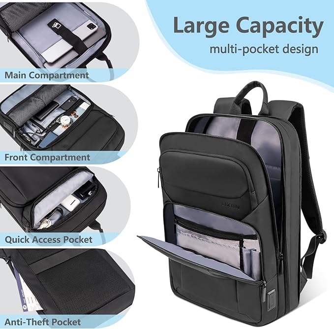 Backpack for Men Slim & Expandable Travel Laptop Backpack with USB Charging Port Water Resistant Anti-Theft Business Backpack Fits 15.6In Laptop for Commute Work College with Small Bag(Business Black)