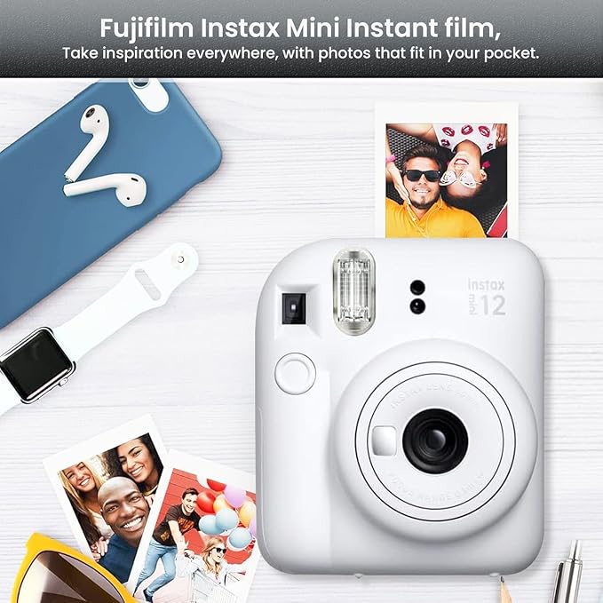 Fujifilm Instant Mini 12 Camera + Accessory Bundle & Compatible Custom Case + Fuji Instant (20 Shots) Designer Mini Photo Album (60 Pockets) (Clay White)
