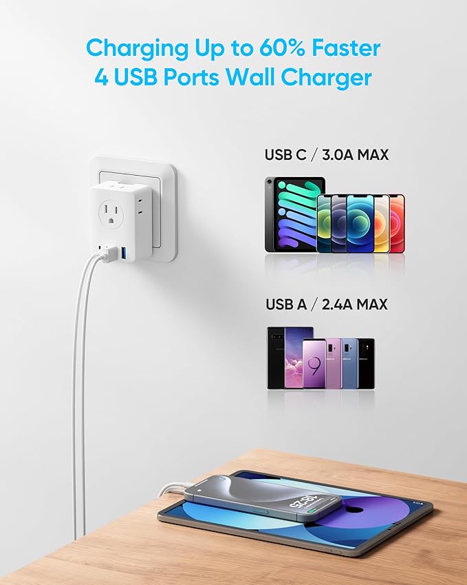 European Travel Plug Adapter, 5ft Detachable Extension Cord with Type C/G/E/F Plug Kit, 4 AC Outlets, 4 USB Ports (2 USB C), UK Germay France Greece Travel Plug Adapter