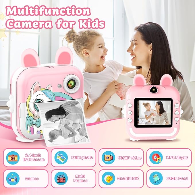 Kids Camera Instant Print Girls Boys, 2,4" HD 1080P, 32GB Card, with Photo Paper and Colored Pens, Instant Camera Holiday Birthday Gifts, Printable Toddler Portable Travel Print Toy (Pink)