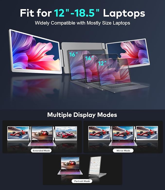 Laptop Screen Extender, 15.6-inch FHD 1080P IPS Triple Screen Portable Monitor Extender 12–18.5 inch, Portable Laptop Extended Monitor Compatible with Windows and MacBook