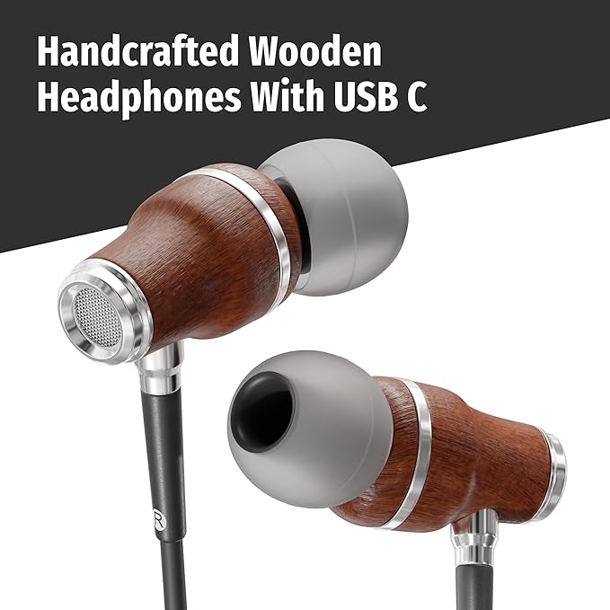 Symphonized Premium Wooden iPhone Earphones Wired (USB C) Deep Bass Sound, 3D Sound, Microphone Volume Control, 90% Noise Cancelling for Type C Devices. Earphones for iPhone 15 to 17 & Android (Black)
