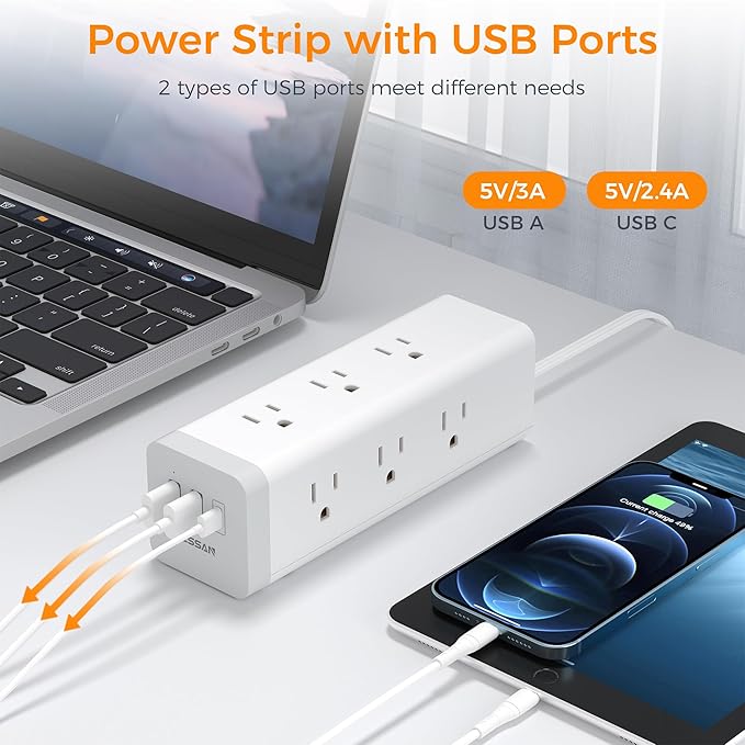 TESSAN Surge Protector Power Strip with USB, Ultra Thin Flat Plug 6 FT Extension Cord with 9 Outlets 3 USB(1 USB C), 1050 J Surge Protector Charging Station for Indoor,Office, Dorm Room Essentials
