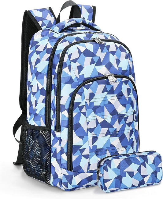 Della Gao College Laptop Backpack with Pencil Case, Digital Check Pattern Travel Backpack for Men, Waterproof Computer Back Pack for Travel, Business, Work, College (Blue-RH, 15.6 Inch)