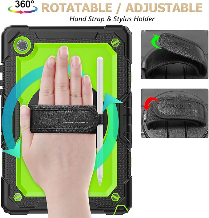 SEYMAC stock Case for Samsung Galaxy Tab A9 8.7'', Full-Body Drop Protection Case with Screen Protector Pencil Holder [360° Rotating Hand Strap] &Stand, Green+Black