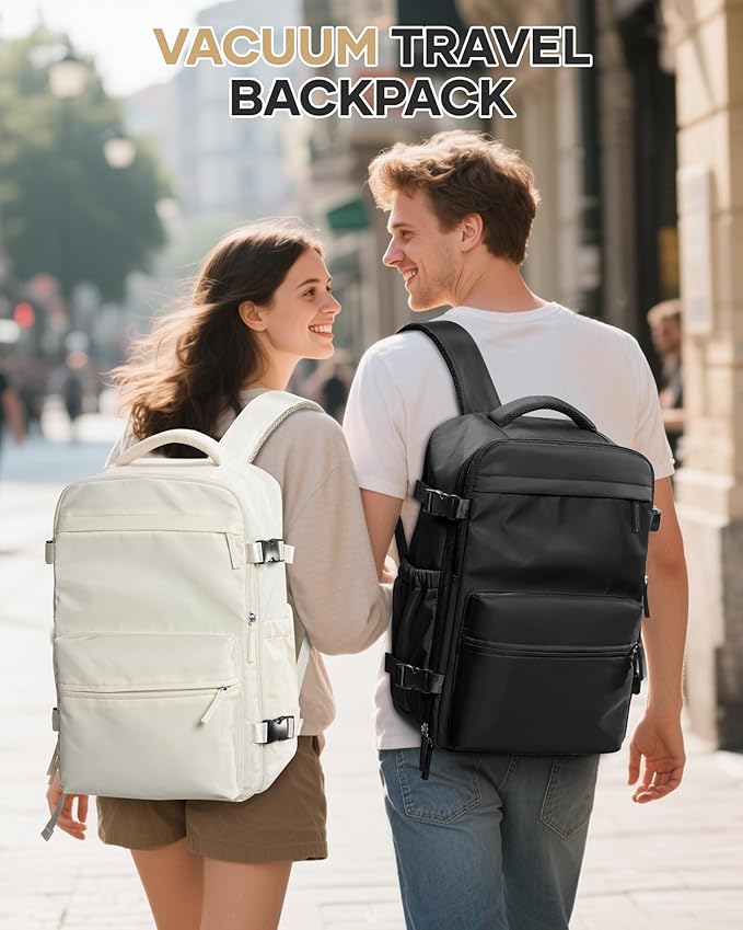 Vacuum Travel Backpack with Pump for Women,Personal Item Carry on Backpacks Flight Approved 18x14x8 inches for Men,Laptop Waterproof Work Compression bags Casual Daypack Beige.