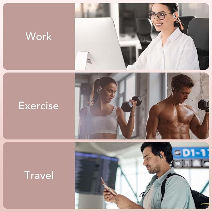 MFish Open-Ear Headphones, Open-Ear-Earbuds Wireless Bluetooth, Waterproof Bone Conduction Over-The-Ear Headphones, Impactful Sound with Adaptive Bass Boost, Comfortable Fit Running Headphones, Pink