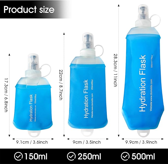 GYGYL Soft Flask, TPU Collapsible Soft Water Bottle for Hydration Pack, Running Vest, Leak-Proof Folding Water Bottle for Hiking Cycling Climbing Jogging-250ml Blue