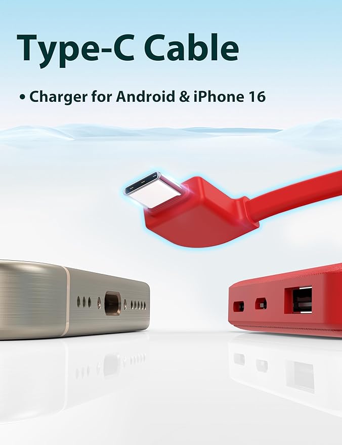 6000mah Ultra Slim Built in Cables Power Bank, Card Size Built in USB C Cords Battery Pack Portable Charger for Phones, 3 Output External Battery Pack Compatible with iPhone, Samsung, Google, Red