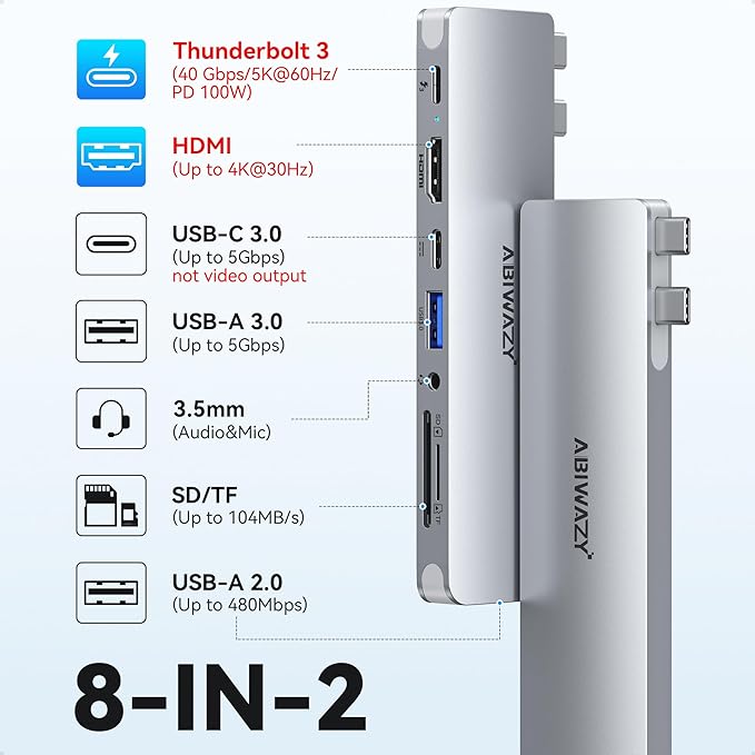 USB C Adapter HDMI USB Multiport Hub,8 in 2 Accessories with HDMI,Thunderbolt 3,USB C and 3 USB A 3.0 Data Ports SD TF Card Reader, Audio(Sliver)