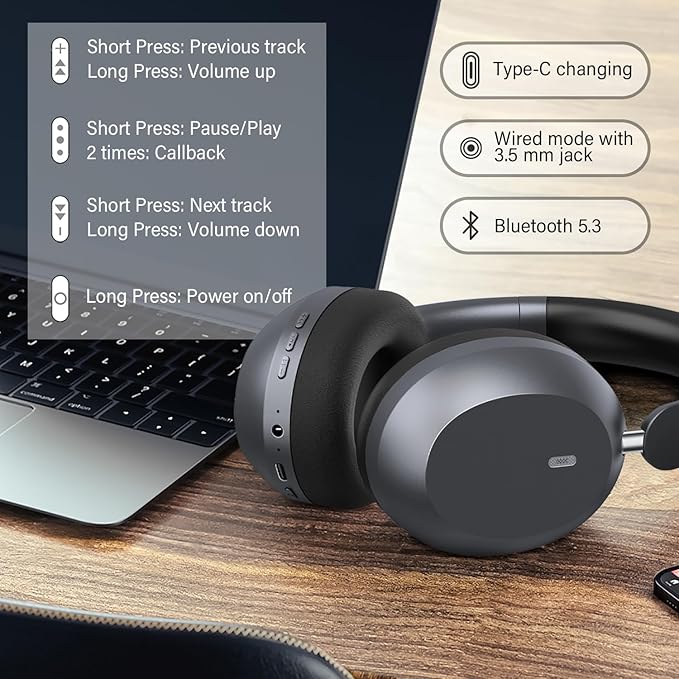Wentronic Y05 Bluetooth Headphones Wireless Over Ear Noise Cancelling with Microphone 48 Hours Playtime, High Sound Quality Foldable Soft Earpads Earphones for Travel-Space Grey