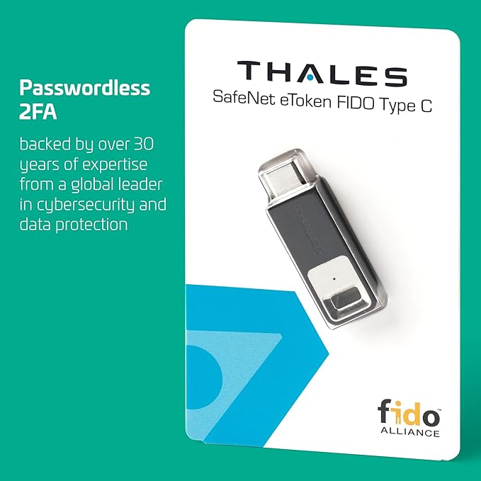 Thales - SafeNet eToken FIDO - FIDO2 Certified Security Key - Passwordless Phishing-Resistant Authentication for Web Apps, Devices & Desktops - USB-C